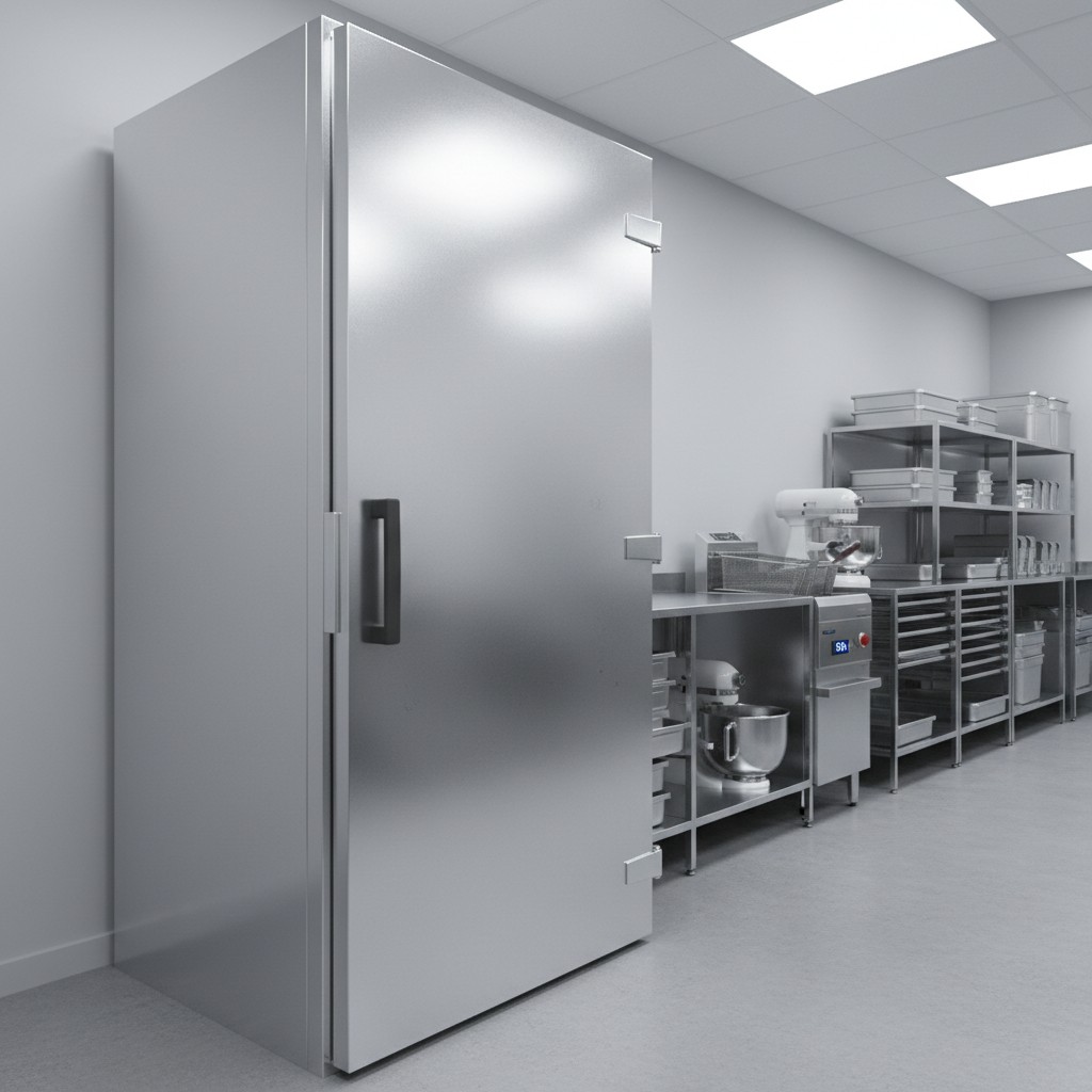 Velika rashladna komora u profesionalnoj kuhinji, istaknuta siva metalna vrata sa ručkom, čuvanje namirnica.