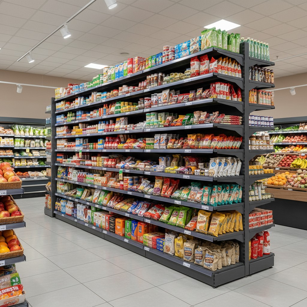 Ala prolaz trgovine sa policama punim proizvoda u marketu.