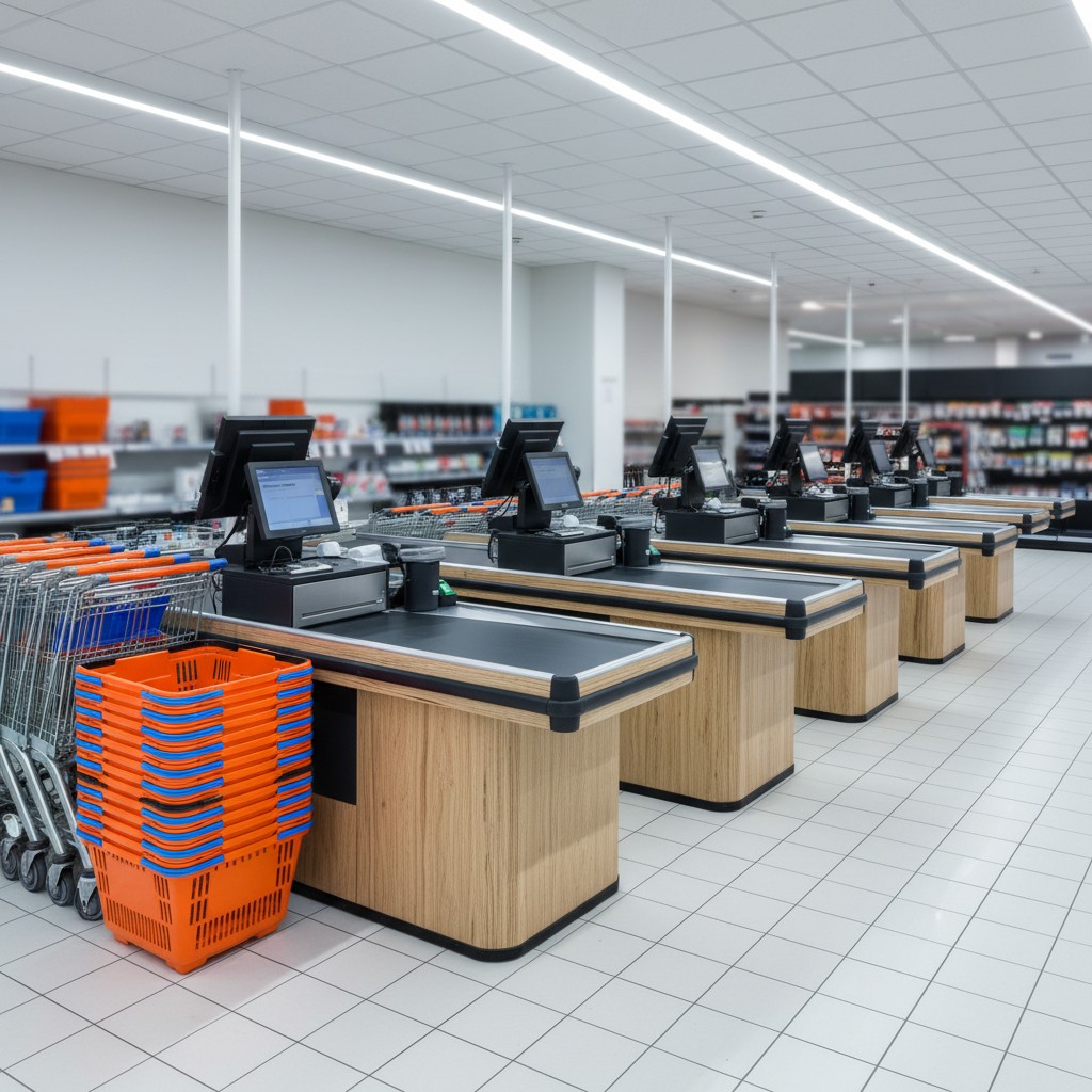 Prostor sa više kasa na kraju marketa u širokom, osvetljenom supermarketu sa karakterističnim policama.