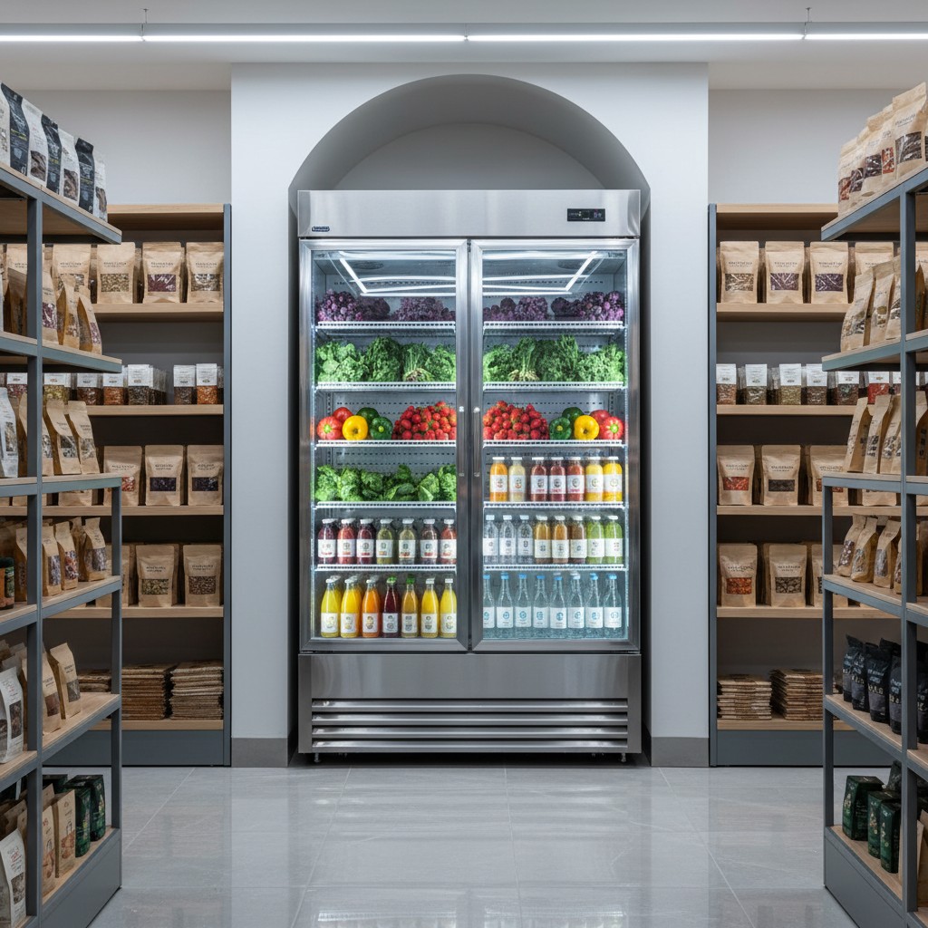 Dvo-krilni rashladni ormar od nerđajućeg čelika, napunjen raznovrsnim voćem, povrćem i pićima u dobro osvetljenom prostoru.